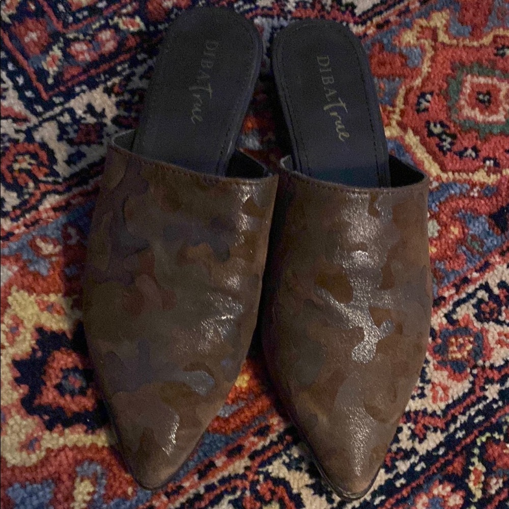 Diba True suede camo mules